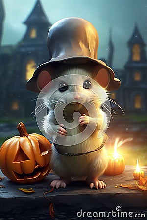 little mouse hugs Halloween pumpkin, Generative AI Stock Photo