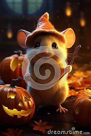 little mouse hugs Halloween pumpkin, Generative AI Stock Photo