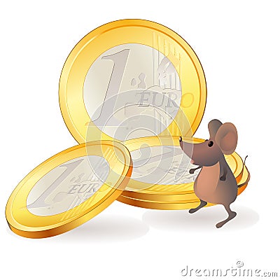 Little mouse near Euro coins Vector Illustration