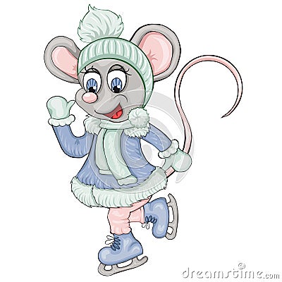 The little mouse skates. Cartoon style. Isolated image on white background. Vector Illustration