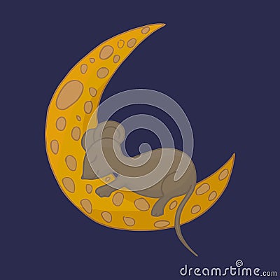 Little mouse is sleeping on the moon. Moon cheese. Fairy mouse on the moon. Sleep vector. Vector Illustration