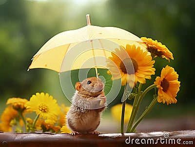 a little mouse with a small yellow umbrella looks at the marigold flowers Stock Photo