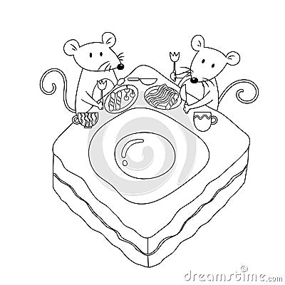 Little Mouses Having Meal on Bread Table Vector Illustration