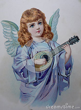 Little musician angel with lute illustration ca.1890 Stock Photo