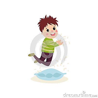 Little naughty kid boy jumping on the pillow, feathers flying around him Vector Illustration