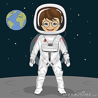 Little nerd boy astronaut standing on the moon surface on background of earth Vector Illustration