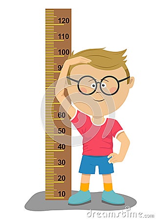 Little nerd boy with glasses measuring his height Vector Illustration