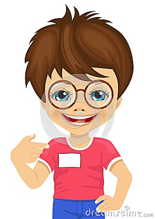 Little nerd boy with glasses showing his blank name tag Vector Illustration