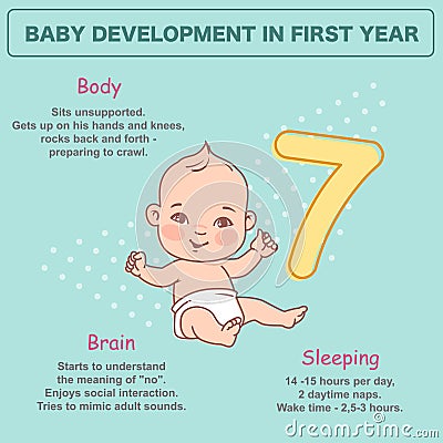 Little newborn baby of 7 month. Development infographics Vector Illustration