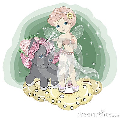Little night fairy on golden flower and black unicorn Vector Illustration