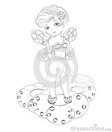 Little night fairy on golden flower Coloring book Vector Illustration