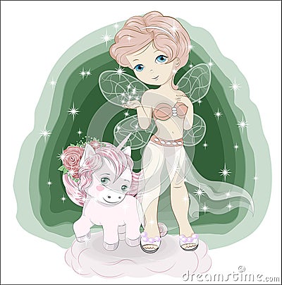 Little night fairy and unicorn Vector Illustration