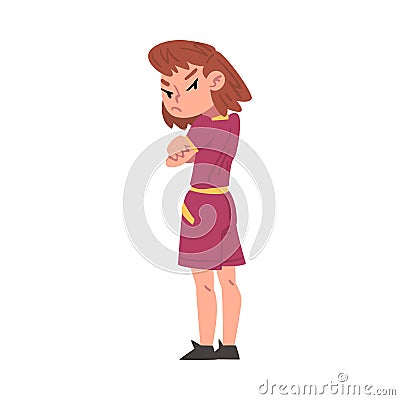 Little Offended Girl Standing with Folded Hands Cartoon Style Vector Illustration on White Background Vector Illustration