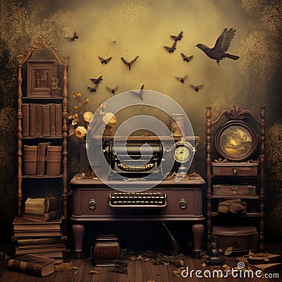 Whimsical Aetherclockpunk: A Dreamlike Scene With Typewriter, Books, And Birds Stock Photo