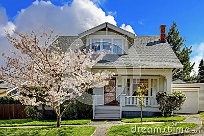 Little old cute house with a blooming cherry tree. Stock Photo