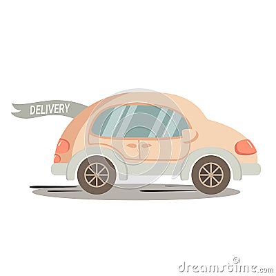 A little orange car is driving down the road. Fast Delivery Stock Photo