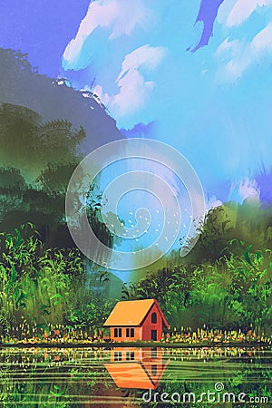 Little orange house in forest under the blue sky Cartoon Illustration