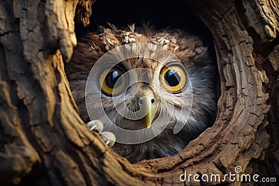 Little owl (Athene noctua) looking out of hole in tree, A curious owl with wide eyes peeping from the hollow of an ancie Stock Photo