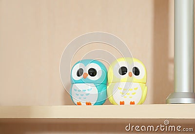 little owls figurines on a bookshelf. siblings concept. twins children. family relationship and connection. friendship Stock Photo