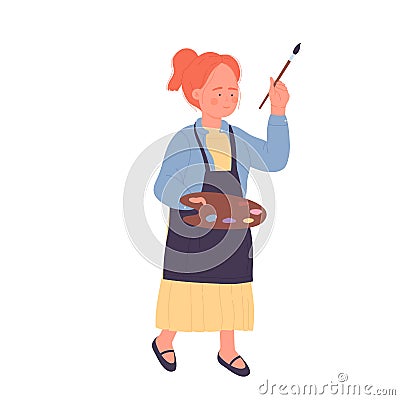 Little painter girl artist with watercolour tray and brush Vector Illustration