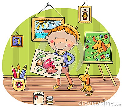 Little painter with his puppy and pictures Vector Illustration