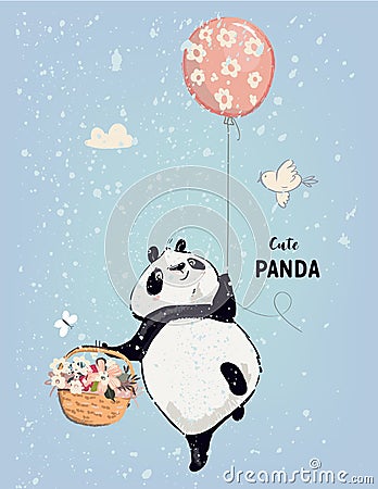 Little panda with balloon Vector Illustration