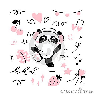 Little Panda - Clipart Set. Illustration Of Cute Panda Listening To ...