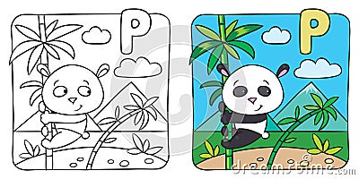 Little panda coloring book. Alphabet P Vector Illustration