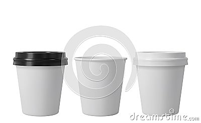 Little paper coffee cups with black and white lids. Open and closed small paper cup. Realistic vector mockup. Vector Illustration