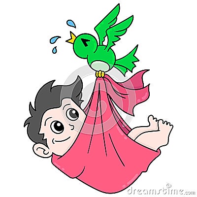 Little parakeet flying bring kid boy, doodle icon image kawaii Vector Illustration