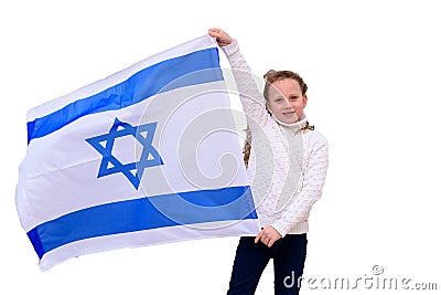 Little patriot jewish girl with flag Israel isolated on white background. Stock Photo