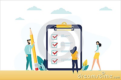 little people fill out a form, modern concept for web banners, infographics, websites, printed products. Concept done job, Stock Photo
