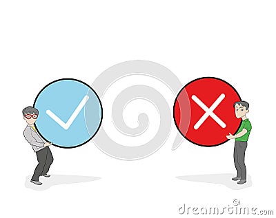 Little people holding true and false sign. Positive and negative feedback concept. Yes or No icons flat design style. Cartoon Vect Vector Illustration