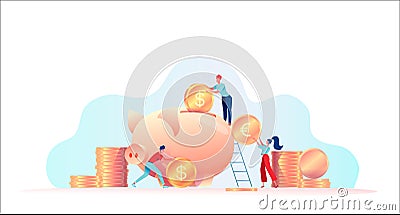 Little people move coins and put them in a piggy bank. Savings protection concept, retirement savings. Metaphor of investment, Vector Illustration