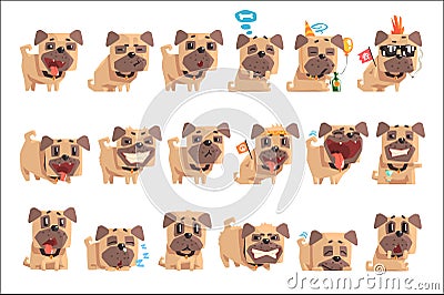 Little Pet Pug Dog Puppy With Collar Set Of Emoji Facial Expressions And Activities Cartoon Illustrations Vector Illustration