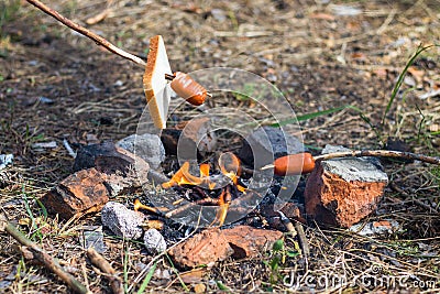 Little picnic with family. Sausages and bread are fried over a small fire. Grilling sausages over a campfire in the forest. Stock Photo