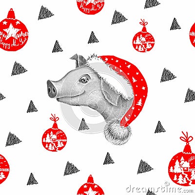 Little pig in Santa Claus hat on the white background Stock Photo