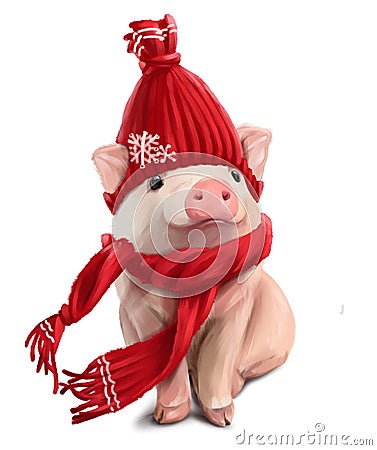 A little Piggy in a red hat and a scarf Stock Photo