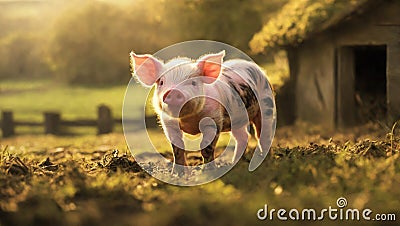 Little piglet standing in a paddock on a sunny summer day Stock Photo