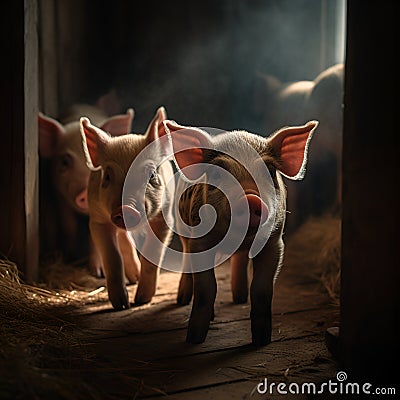 Little piglets close-up, pigs roam free and around the farm. Generative AI Stock Photo