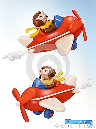 Little pilot with a toy airplane 3d vector icon Vector Illustration