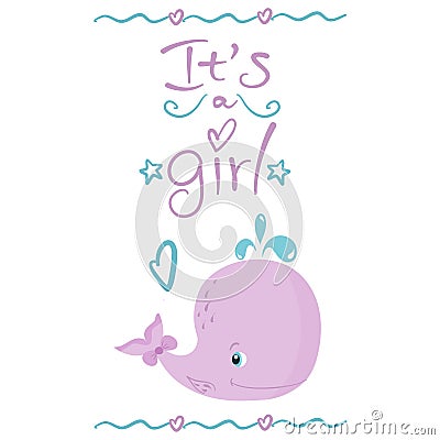 Little pink Whale, it`s a girl phrase, gender reveal party invitation, vector illustration isolated on white background Cartoon Illustration