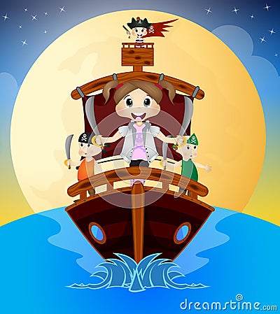 Little Pirates Sailing With Their Ship Vector Illustration