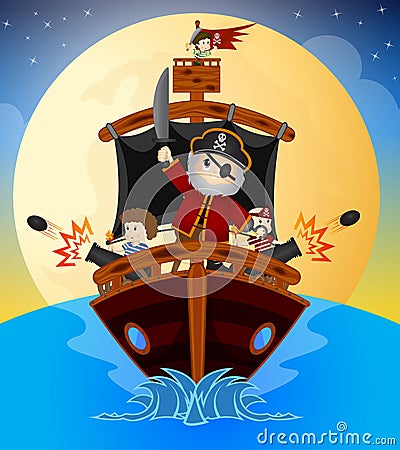 Little Pirates Sailing With Their Ship Vector Illustration