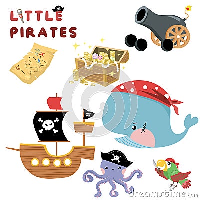 Set of cute little pirates on white background Vector Illustration