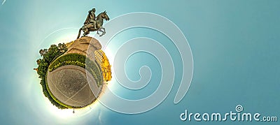 Little planet with bronze hourseman. Russia, St. Petersburg Stock Photo