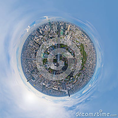 Little planet 360 degree sphere. Panorama of aerial view of Bangkok Downtown Skyline. Thailand. Financial district in smart urban Stock Photo