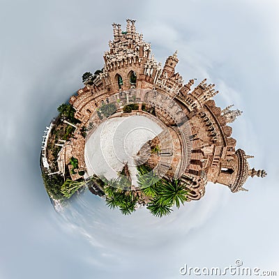 Little planet 360 degree sphere. Panorama of Colomares castle. Stock Photo