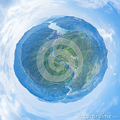 Little planet image of small hydroelectric station Stock Photo