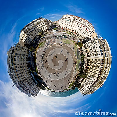 Little planet panorama of famous Aristotelous Square in Thessaloniki city, Greece. Editorial Stock Photo